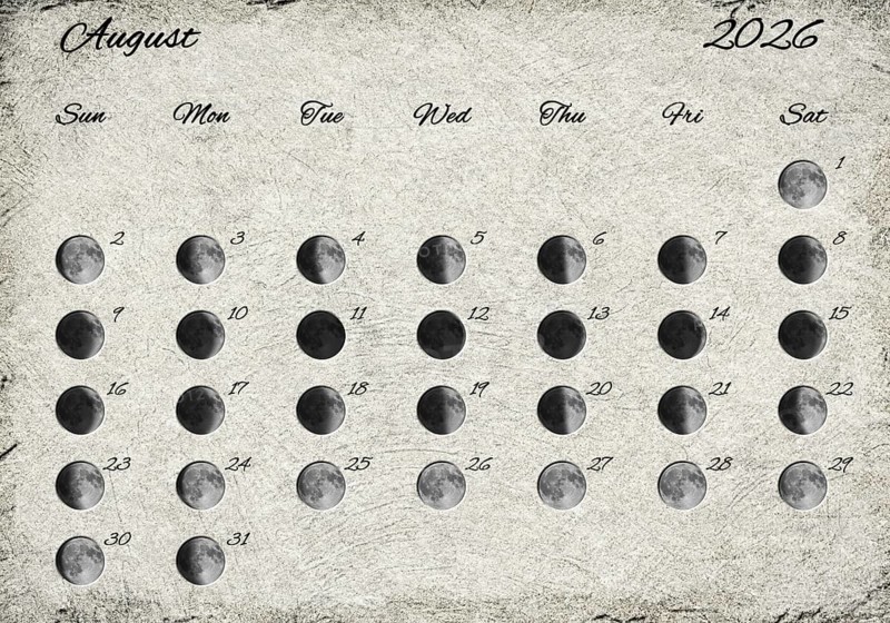 Moon Phases Calendar. August 2026 Old Paper