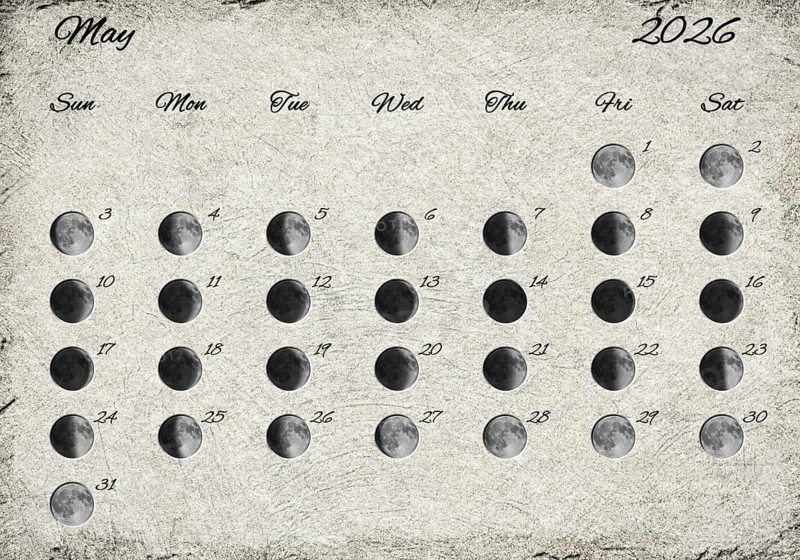 Moon Phases Calendar. May 2026 Old Paper