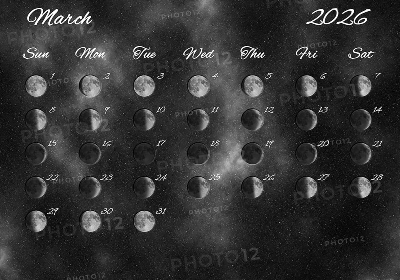 Moon Phases Calendar, March 2026 Space Background