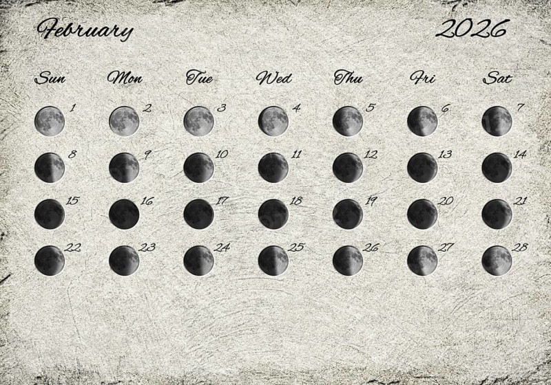 Moon Phases Calendar. February 2026 Old Paper