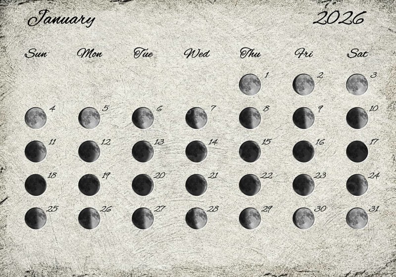 Moon Phases Calendar. January 2026 Old Paper