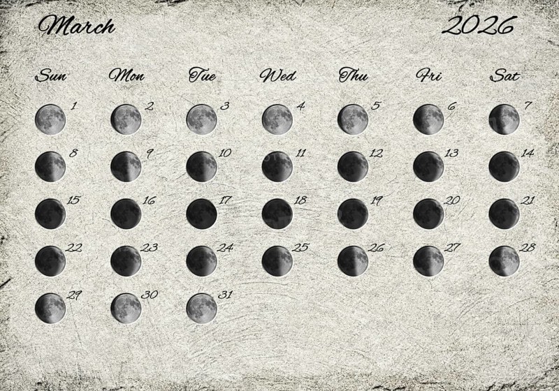 Moon Phases Calendar. March 2026 Old Paper