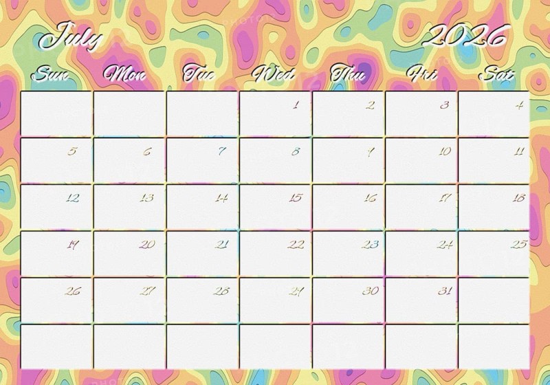 Printable Wall Calendar, July 2026 Colorful