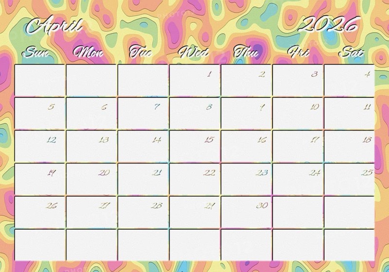 Printable Wall Calendar, April 2026 Colorful