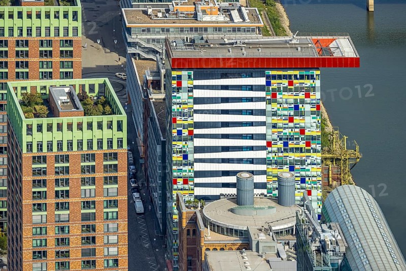 Aerial view, Colorium Hotel Innside Düsseldorf harbour and artistic coloured glass panel facade, shapes and colours, harbour, Düsseldorf, Ruhr area, North Rhine-Westphalia, Germany, DE, Europe, aerial view, aerial photography, aerial photography, overview, bird's-eye view, overview