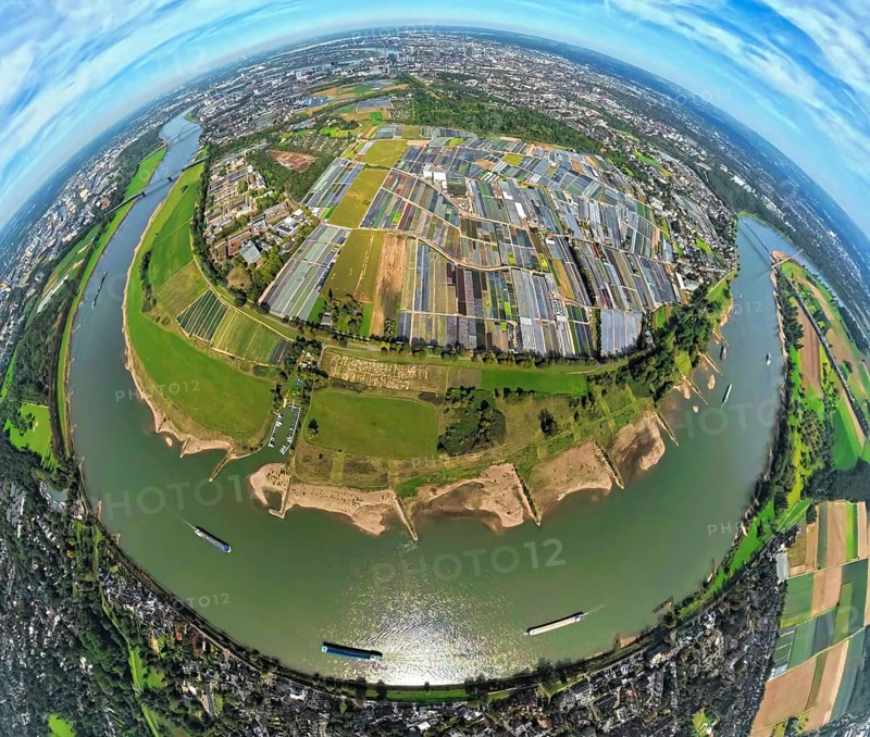 Aerial view, horticulture and agricultural use in the district of Volmerswerth, river Rhine, shapes and colours, earth globe, fisheye image, 360 degree image, tiny world, little planet, fisheye image, Volmerswerth, Düsseldorf, Ruhr area, North Rhine-Westphalia, Germany, DE, Europe, fisheye lens, fisheye lens, Little Planet, aerial photography, aerial photography, aerial photography, super wide angle lens, Tiny World, overview, bird's eye view, globe, birds-eyes view, fisheye lens, insta360 camera, overview