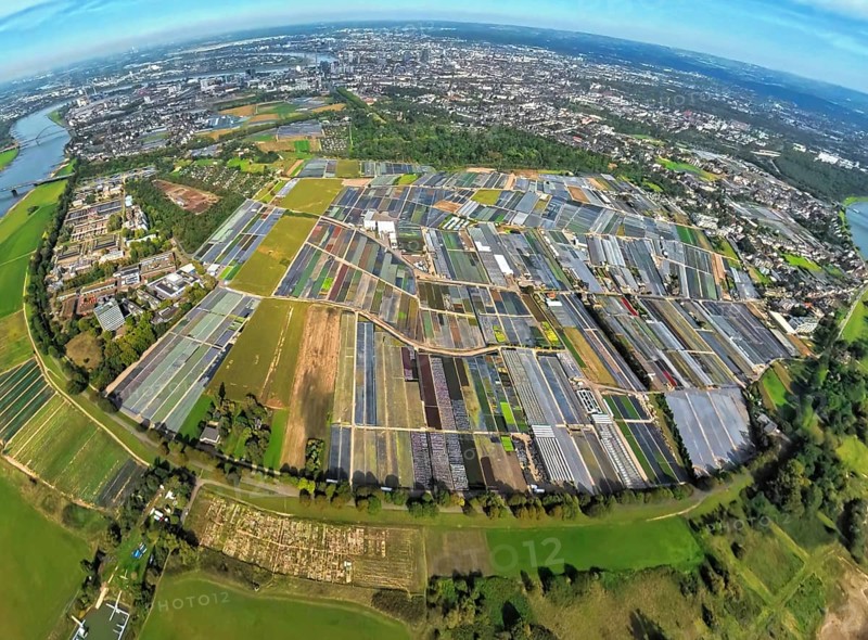 Aerial view, horticulture and agricultural use in the district of Volmerswerth, shapes and colours, globe, fisheye image, 360 degree image, tiny world, little planet, fisheye image, Volmerswerth, Düsseldorf, Ruhr area, North Rhine-Westphalia, Germany, DE, Europe, fish-eye lens, fisheye lens, Little Planet, aerial photography, aerial photography, super wide-angle lens, Tiny World, overview, bird's-eye view, globe, birds-eyes view, fisheye lens, insta360 camera, overview