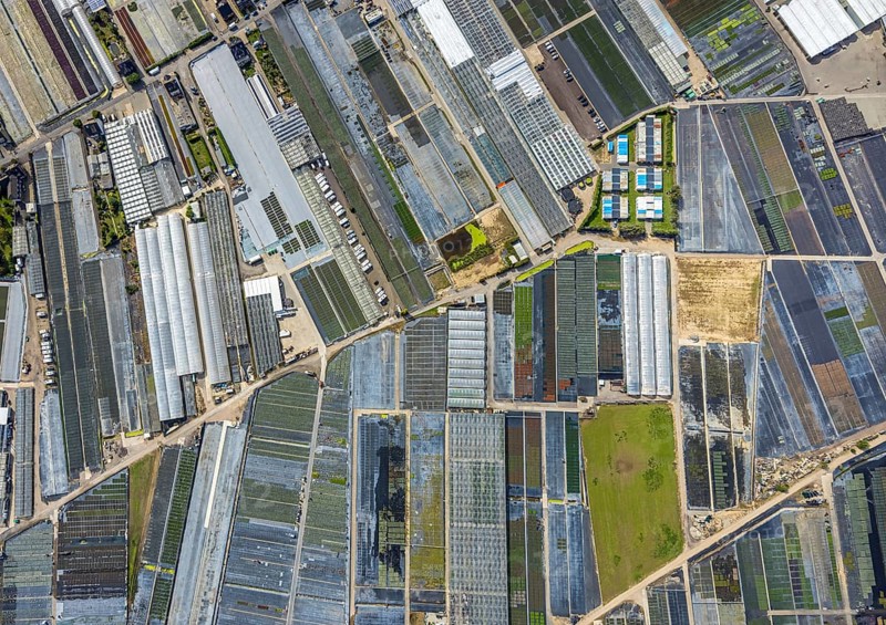 Aerial view, horticultural farms and agricultural use in the district of Volmerswerth, shapes and colours with graphical representation, Volmerswerth, Düsseldorf, Ruhr area, North Rhine-Westphalia, Germany, DE, Europe, aerial view, aerial photography, aerial photography, overview, bird's-eye view, overview