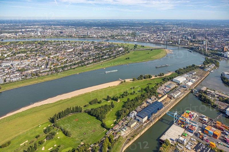 Aerial view, sandy beach paradise beach Düsseldorf parliamentary bank at the river Rhine, industrial area Bremer Straße, view over Düsseldorf, harbour, Düsseldorf, Ruhr area, North Rhine-Westphalia, Germany, DE, Europe, aerial view, aerial photography, aerial photography, Rhine beach, sandy beach, overview, bird's-eye view, overview