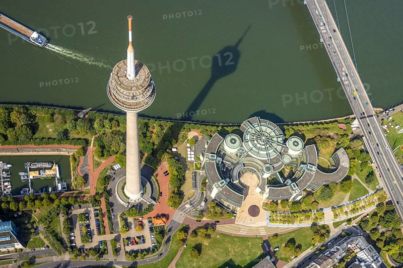 Aerial view, Rhine Tower in the Rhine Park Bilk near the Media Harbour on the river Rhine, State Parliament of North Rhine-Westphalia, Unterbilk, Düsseldorf, Ruhr area, North Rhine-Westphalia, Germany, DE, Europe, State Parliament, aerial view, aerial photography, aerial photography, tower, overview, bird's-eye view, overview