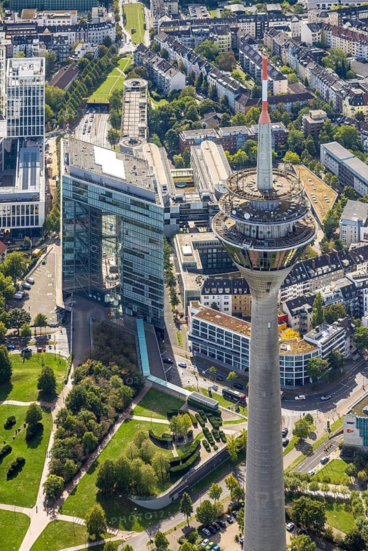 Aerial view, Rhine Tower spire near the media harbour, Bilk, Unterbilk, Düsseldorf, Ruhr area, North Rhine-Westphalia, Germany, DE, Europe, aerial view, aerial photography, aerial photography, tower, overview, bird's-eye view, overview