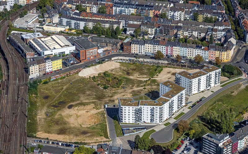 Aerial view, construction site Grand Central district for new residential quarter, former postal distribution centre at the main railway station, between Kölner Straße and Erkrather Straße, Oberbilk, Düsseldorf, Ruhr area, North Rhine-Westphalia, Germany, construction work, construction area, building site, building plots, construction project, construction site, DE, Europe, major construction site, real estate project, investor Catella Project Management, aerial view, aerial photography, aerial photography, new building, overview, bird's eye view, overview