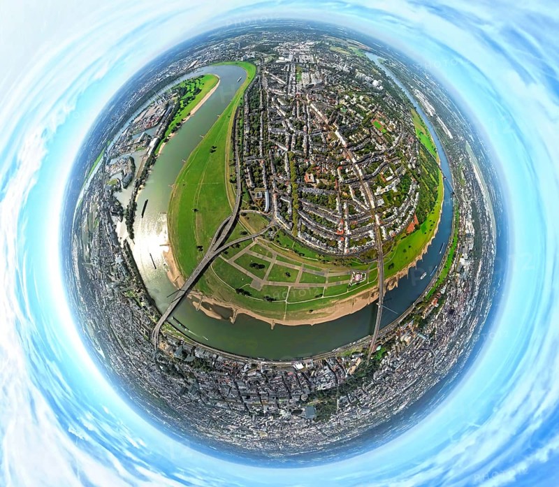 Aerial view, district Oberkassel with Festwiese Oberkassel, Rheinkniebrücke and Oberkasseler Brücke over the river Rhine, globe, fisheye image, fisheye image, 360 degree image, tiny world, little planet, fisheye image, Oberkassel, Düsseldorf, Ruhr area, North Rhine-Westphalia, Germany, bridge, DE, Europe, fisheye lens, fisheye lens, river, little planet, aerial photography, aerial photography, aerial photography, super wide angle lens, tiny world, overview, bird's eye view, globe, birds-eyes view, fisheye lens, insta360 camera, overview