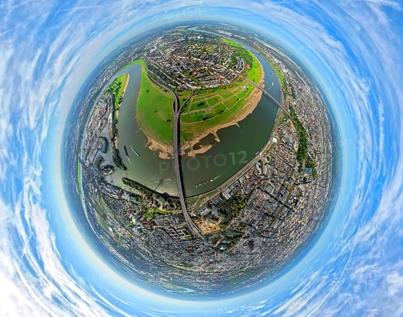Aerial view, district Oberkassel with Festwiese Oberkassel, Rheinkniebrücke and Oberkasseler Brücke over the river Rhine, globe, fisheye image, fisheye image, 360 degree image, tiny world, little planet, fisheye image, Oberkassel, Düsseldorf, Ruhr area, North Rhine-Westphalia, Germany, bridge, DE, Europe, fisheye lens, fisheye lens, river, little planet, aerial photography, aerial photography, aerial photography, super wide angle lens, tiny world, overview, bird's eye view, globe, birds-eyes view, fisheye lens, insta360 camera, overview