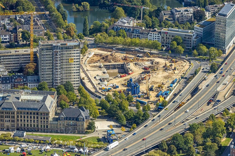 Aerial view, construction site Haroldstraße, demolition of the former Ministry of the Interior and planned new administrative centre for the state administration of North Rhine-Westphalia, Unterbilk, Düsseldorf, Ruhr area, North Rhine-Westphalia, Germany, construction work, construction area, building site, building plots, construction project, construction site, authority, DE, Europe, aerial view, aerial photography, aerial photography, new building, overview, bird's-eye view, overview