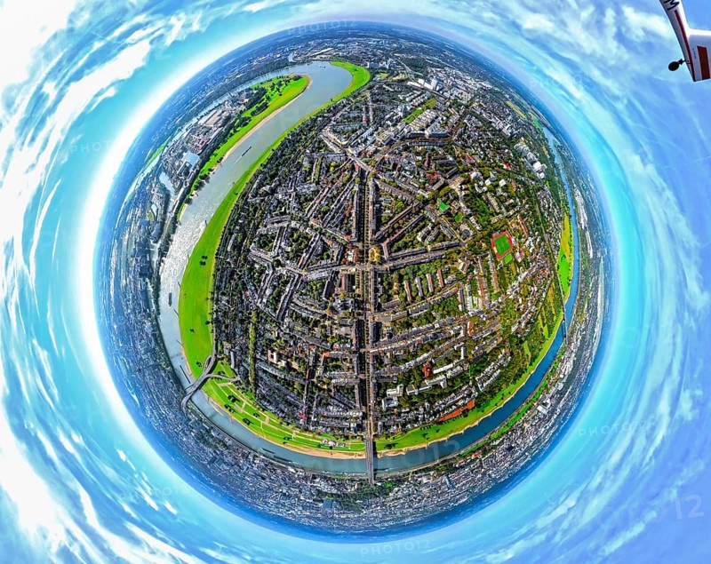 Aerial view, district Oberkassel and river Rhine, globe, fisheye image, 360 degree image, tiny world, little planet, fisheye image, Oberkassel, Düsseldorf, Ruhr area, North Rhine-Westphalia, Germany, DE, Europe, fisheye lens, fisheye lens, Little Planet, aerial photography, aerial photography, aerial photography, super wide angle lens, Tiny World, overview, bird's eye view, globe, birds-eyes view, fisheye lens, insta360 camera, overview