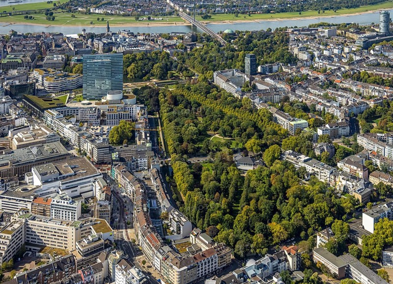 Aerial view, Hofgarten Park, Dreischeibenhaus and Schauspielhaus with view to the river Rhine, Pempelfort, Düsseldorf, Ruhr area, North Rhine-Westphalia, Germany, DE, Europe, aerial view, aerial photography, aerial photography, overview, bird's-eye view, overview