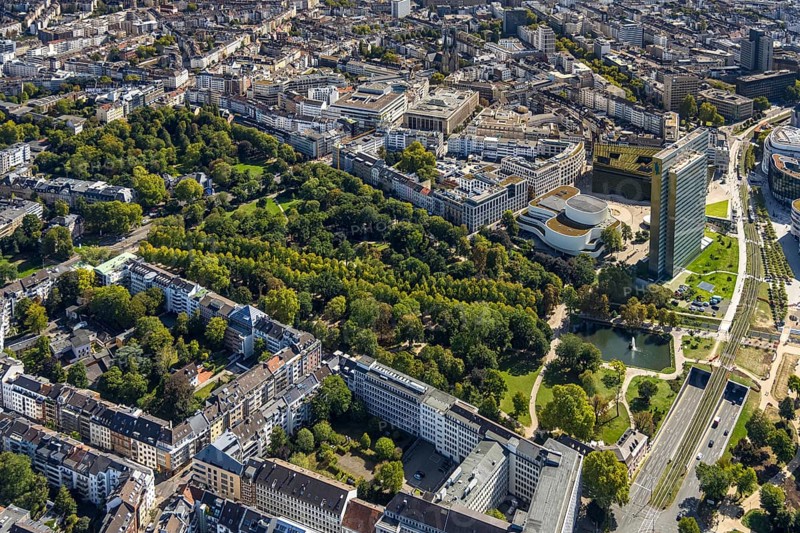 Aerial view, Hofgarten Park, Dreischeibenhaus and Schauspielhaus, Hofgarten Palais, Pempelfort, Düsseldorf, Ruhr area, North Rhine-Westphalia, Germany, DE, Europe, aerial view, aerial photography, aerial photography, overview, bird's-eye view, overview