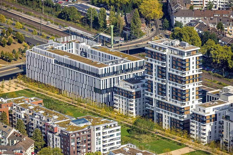 Aerial view, Le Quartier Central, Berty-Albrecht-Park, office building La Tete and Le Flux, Pempelfort, Düsseldorf, Ruhr area, North Rhine-Westphalia, Germany, office buildings, DE, Europe, commercial enterprise, commercial space, commercial property, commercial location, commercial use, property tax, high-rise buildings, hotel complex, hotel industry, real estate, aerial photography, aerial photography, aerial photography, overview, bird's-eye view, residential complex, residential area, residential quality, residential neighbourhood, residential estate, residential district, birds-eyes view, overview