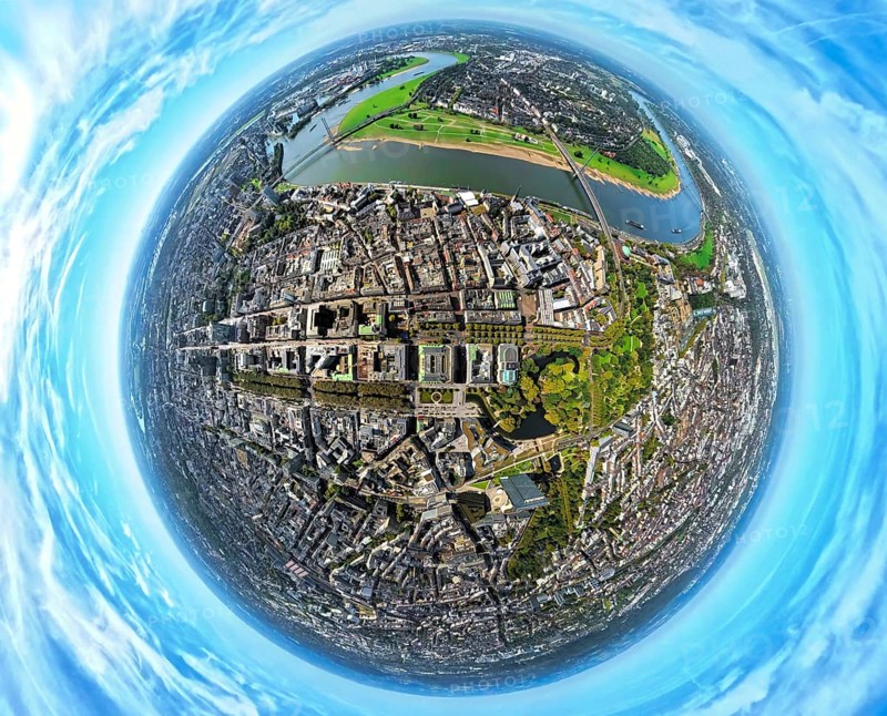 Aerial view, old town and Königsallee with tree avenue, city centre view and commercial buildings, Hofgarten and pond Nördliche Düssel, earth globe, fisheye image, fisheye image, 360 degree image, tiny world, little planet, fisheye image, city centre, Düsseldorf, Ruhr area, North Rhine-Westphalia, Germany, Altstadt, DE, Europe, fisheye lens, fisheye lens, Little Planet, aerial view, aerial photography, aerial photography, super wide angle lens, Tiny World, overview, bird's eye view, globe, birds-eyes view, exclusive shopping mile, fisheye lens, insta360 camera, overview