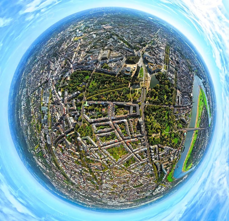 Aerial view, Hofgarten, residential area Kaiserstraße and Jägerhofstraße with Düsseldorfer Schauspielhaus and Ingenhoven-Tal green building Kö-Bogen II, earth globe, fisheye image, fisheye image, 360 degree image, tiny world, little planet, fisheye image, Pempelfort, Düsseldorf, Ruhr area, North Rhine-Westphalia, Germany, DE, Europe, fisheye lens, fisheye lens, Little Planet, aerial view, aerial photography, aerial photography, super wide angle lens, Tiny World, overview, bird's eye view, globe, birds-eyes view, fisheye lens, insta360 camera, overview
