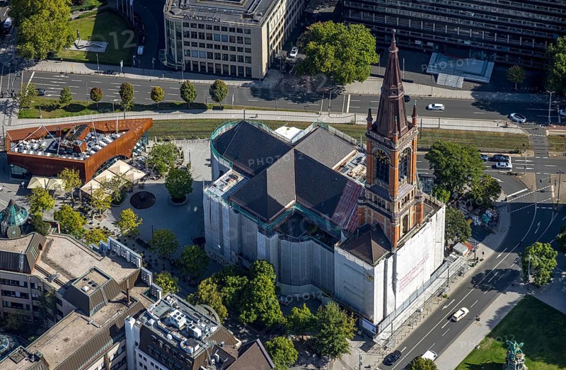Aerial view, renovation and redevelopment Johanneskirche, Martin-Luther-Platz, city centre, Düsseldorf, Ruhr area, North Rhine-Westphalia, Germany, place of worship, construction work, construction area, building site, building plots, construction project, construction site, DE, Europe, faith community, place of worship, holy place, church, church community, denomination, aerial view, aerial photography, aerial photography, new building, religion, religious site, overview, veiling, bird's-eye view, bird's-eye view, overview, veiled church