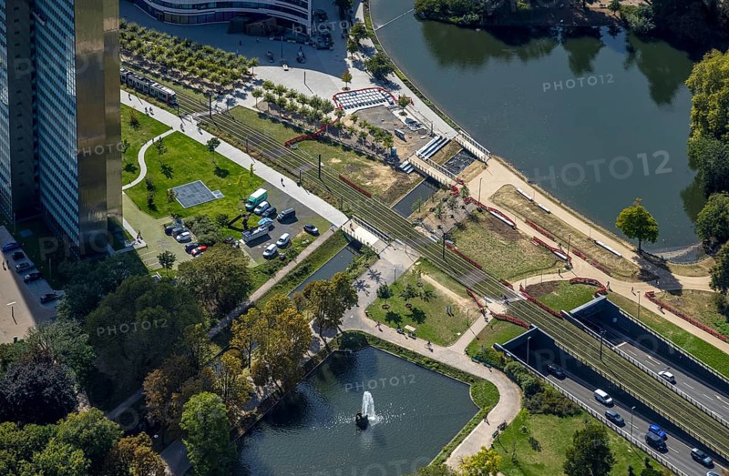 Aerial view, Kö-Bogen tunnel Hofgartenstraße, tram line over the river Nördliche Düssel, city centre, Düsseldorf, Ruhr area, North Rhine-Westphalia, Germany, DE, Europe, aerial view, aerial photography, aerial photography, overview, bird's-eye view, overview