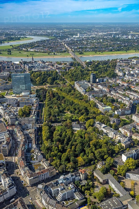 Aerial view, Hofgarten Park, Dreischeibenhaus and Schauspielhaus, view to the river Rhine, Pempelfort, Düsseldorf, Ruhr area, North Rhine-Westphalia, Germany, DE, Europe, aerial view, aerial photography, aerial photography, overview, bird's-eye view, overview