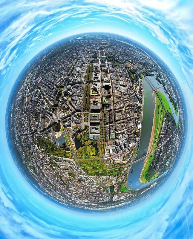 Aerial view, old town and Königsallee with tree avenue, city centre view and commercial buildings, Hofgarten and pond Nördliche Düssel, earth globe, fisheye image, fisheye image, 360 degree image, tiny world, little planet, fisheye image, city centre, Düsseldorf, Ruhr area, North Rhine-Westphalia, Germany, Altstadt, DE, Europe, fisheye lens, fisheye lens, Little Planet, aerial view, aerial photography, aerial photography, super wide angle lens, Tiny World, overview, bird's eye view, globe, birds-eyes view, exclusive shopping mile, fisheye lens, insta360 camera, overview