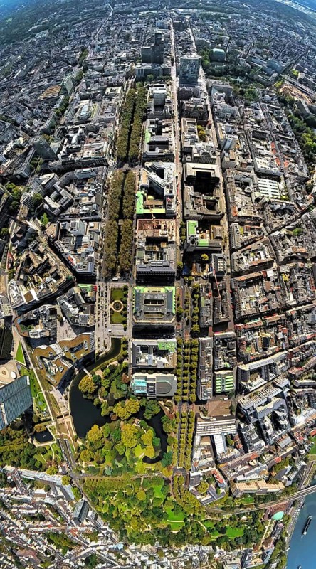 Aerial view, Königsallee with tree avenue, city centre view and commercial buildings, Hofgarten and pond Nördliche Düssel, earth globe, fisheye image, fisheye image, 360 degree image, tiny world, little planet, fisheye image, city centre, Düsseldorf, Ruhr area, North Rhine-Westphalia, Germany, DE, Europe, fisheye lens, fisheye lens, Little Planet, aerial photography, aerial photography, super wide angle lens, Tiny World, overview, bird's eye view, globe, birds-eyes view, exclusive shopping mile, fisheye lens, insta360 camera, overview