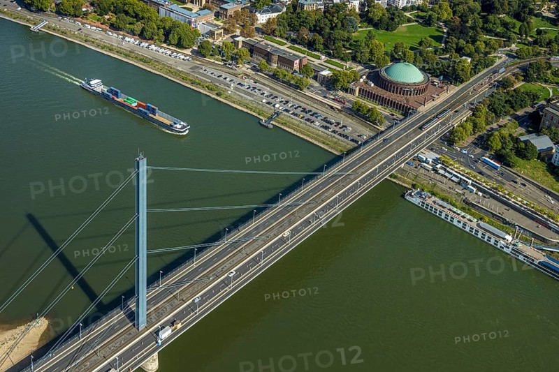 Aerial view, Oberkasseler Brücke over the river Rhine and Tonhalle Düsseldorf, Rhine promenade, Pempelfort, Düsseldorf, Ruhr area, North Rhine-Westphalia, Germany, bridge, DE, Europe, events, river, culture, art, aerial photography, aerial photography, aerial photography, theatre, overview, event hall, venue, event location, event centre, bird's-eye view, bird's-eye view, cultural use, overview