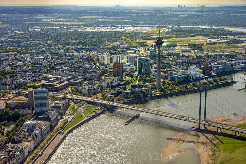 Aerial view, Rheinkniebrücke and Rheinturm with Landtag North Rhine-Westphalia, harbour, Düsseldorf, Ruhr area, North Rhine-Westphalia, Germany, authority, DE, Europe, aerial view, aerial photography, aerial photography, tower, overview, bird's-eye view, overview