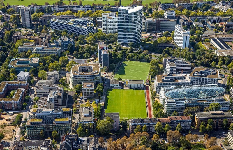 Aerial view, Sky Office high-rise office building, sports centre north football stadium BV 04 Düsseldorf e.V., Spherion office building by architect Jürgen Koch, Golzheim, Düsseldorf, Ruhr area, North Rhine-Westphalia, Germany, DE, Europe, football, football field, football stadium, commercial enterprise, commercial area, commercial property, commercial site, commercial use, aerial photograph, aerial photography, aerial photography, sports, sports facility, sports field, overview, bird's eye view, birds-eyes view, overview