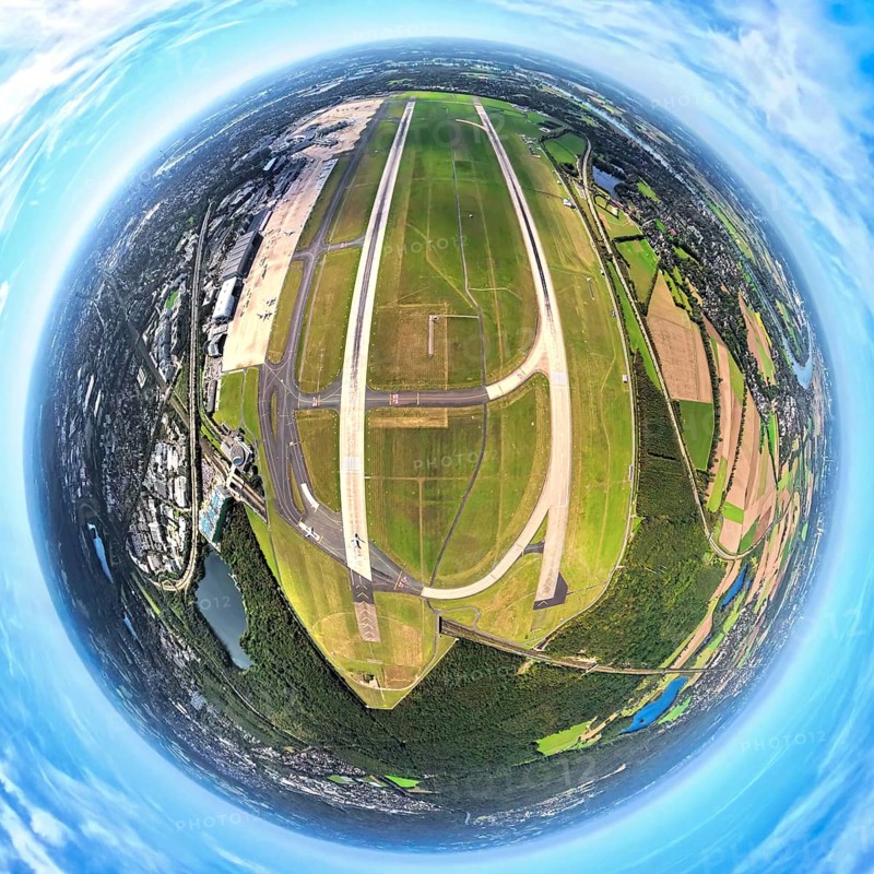 Aerial photo, DUS Airport Düsseldorf Airport with runway and landing strip, globe, fisheye image, 360 degree image, tiny world, little planet, fisheye image, Lohausen, Düsseldorf, Ruhr area, North Rhine-Westphalia, Germany, DE, Europe, fisheye lens, fisheye lens, flight mission, airport, aircraft noise, airfield, runway, little planet, aerial photography, aerial photography, aerial photography, runway, super wide angle lens, tiny world, overview, bird's eye view, globe, birds-eyes view, fisheye lens, insta360 camera, overview