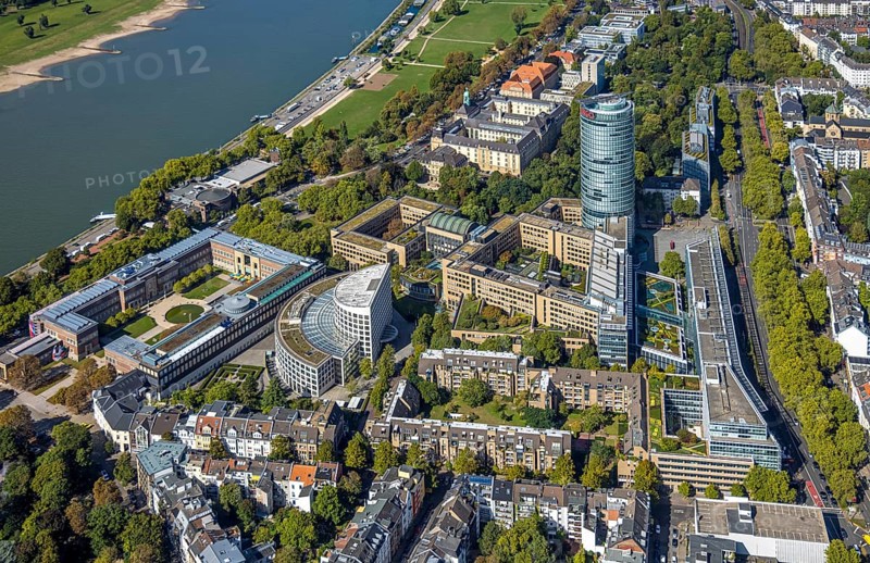 Aerial view, art museum Ehrenhof and Ergo skyscraper, semicircular building Ministry of the Environment, Nature Conservation and Transport, behind building of the district government, Pempelfort, Düsseldorf, Ruhr area, North Rhine-Westphalia, Germany, DE, Ehrenhof, Europe, skyscraper, aerial view, aerial photography, aerial photography, museum, overview, bird's eye view, birds-eyes view, overview
