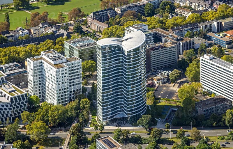 Aerial view, Sky Office office tower block, Golzheim, Düsseldorf, Ruhr area, North Rhine-Westphalia, Germany, DE, Europe, commercial enterprise, commercial space, commercial area, commercial property, commercial location, commercial use, aerial photograph, aerial photography, aerial photography, overview, bird's-eye view, bird's-eye view, overview