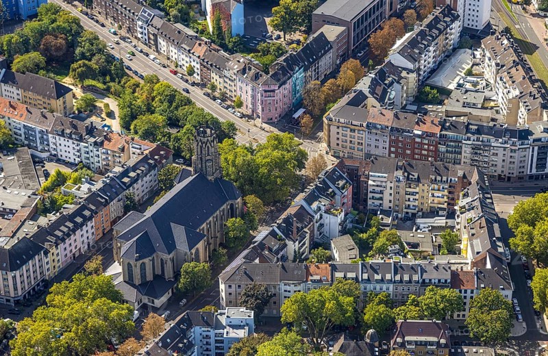 Aerial view, Church of the Holy Trinity, Jülicher Straße, intersection Euler Straße, Derendorf, Düsseldorf, Ruhr area, North Rhine-Westphalia, Germany, place of worship, DE, Europe, religious community, place of worship, holy place, church, parish, denomination, aerial view, aerial photography, aerial photography, religion, religious site, overview, bird's-eye view, bird's-eye view, overview