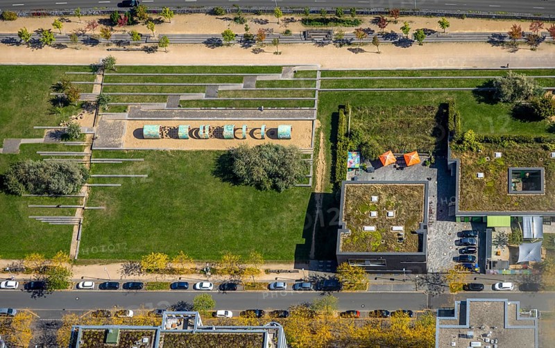 Aerial view, children's playground in Maurice-Ravel-Park, Marc-Chagall-Straße, Pempelfort, Düsseldorf, Ruhr area, North Rhine-Westphalia, Germany, DE, Europe, aerial view, aerial photography, aerial photography, overview, bird's-eye view, overview