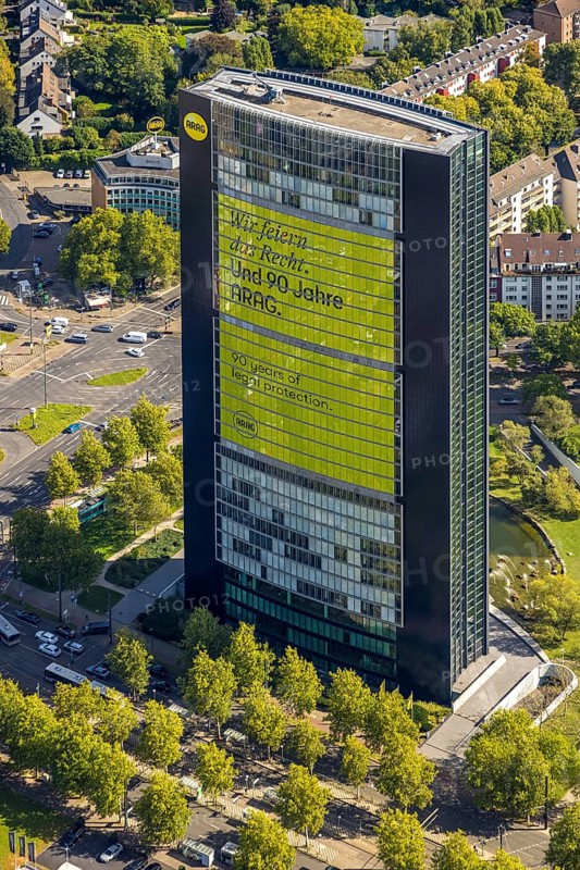 Aerial view, ARAG high-rise office building, slogan We celebrate the law and 90 years of ARAG, Düsseltal, Düsseldorf, Ruhr area, North Rhine-Westphalia, Germany, DE, Europe, commercial enterprise, commercial space, commercial area, commercial property, commercial location, commercial use, aerial photograph, aerial photography, aerial photography, overview, bird's-eye view, overview