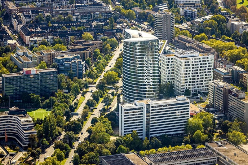 Aerial view, Kennedydamm, office district, Sky Office, Federal Employment Agency, Golzheim, Düsseldorf, Ruhr area, North Rhine-Westphalia, Germany, DE, Europe, commercial enterprise, commercial space, commercial area, commercial property, commercial location, commercial use, aerial photograph, aerial photography, aerial photography, overview, bird's-eye view, overview