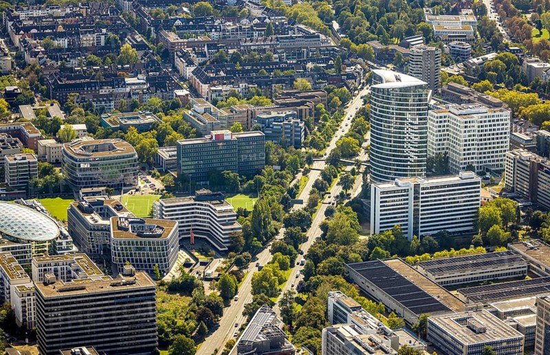 Aerial view, Kennedydamm, office district, Sky Office, Federal Employment Agency, Golzheim, Düsseldorf, Ruhr area, North Rhine-Westphalia, Germany, DE, Europe, commercial enterprise, commercial space, commercial area, commercial property, commercial location, commercial use, aerial photograph, aerial photography, aerial photography, overview, bird's-eye view, overview