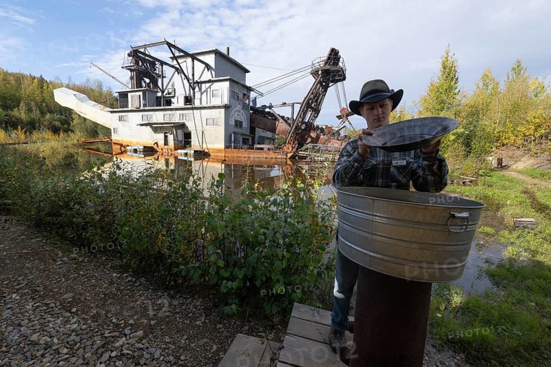 Old gold mine, demonstration of gold panning, Fairbanks, Alaska, USA