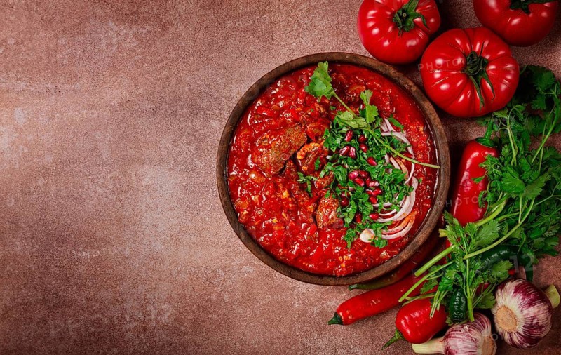Chashushuli, a traditional Georgian dish, spicy, stewed meat with tomatoes and spices, homemade, no people