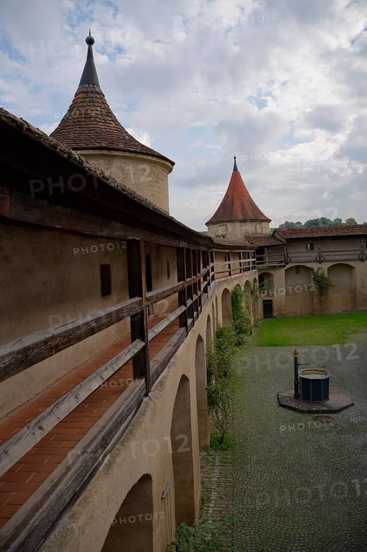 Medieval battlements at Comburg Castle, Benedictine monastery, Way of St James, pilgrimage route, pilgrims, Schwäbisch Hall, Hohenlohe, Germany