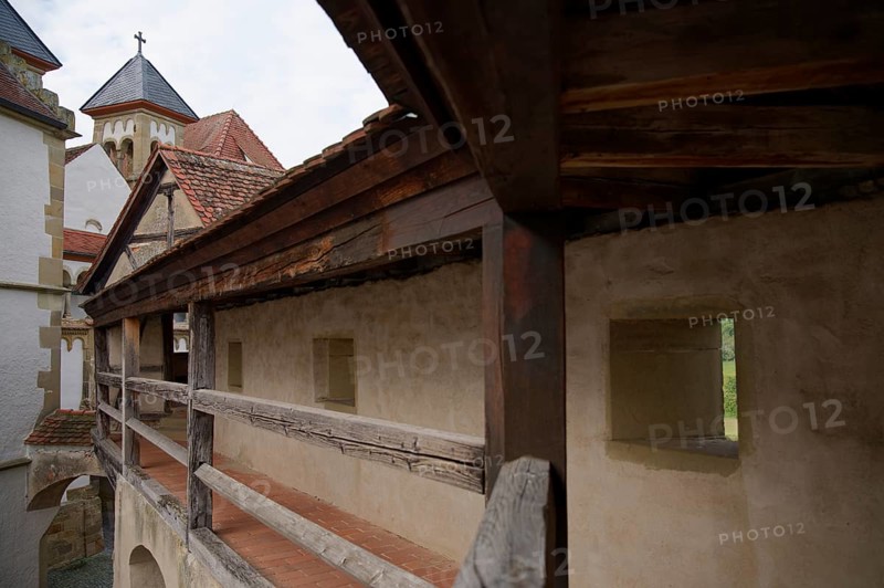 Medieval battlements at Comburg Castle, Benedictine monastery, Way of St James, pilgrimage route, pilgrims, Schwäbisch Hall, Hohenlohe, Germany