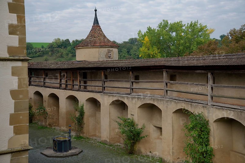 Medieval battlements at Comburg Castle, Benedictine monastery, Way of St James, pilgrimage route, pilgrims, Schwäbisch Hall, Hohenlohe, Germany