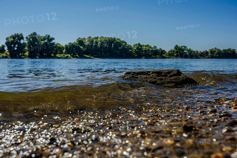 The gentle waves reflect the sunlight while a rock stands in the water. Shoreline vegetation provides a beautiful contrast to the clear sky. The scenery radiates tranquillity. Bogen, Lower Bavaria