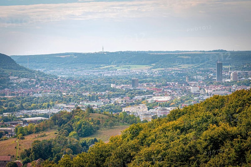 Extensive view over the cityscape of Jena with forests and the Jentower, Jena, Thuringia, Germany