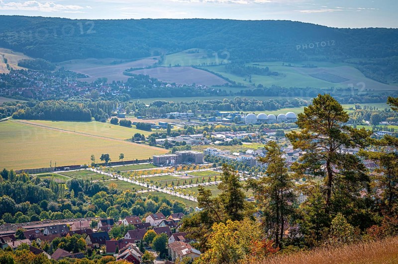 District of Jena-Zwätzen and fields embedded in a hilly landscape with trees, Jena, Thuringia, Germany