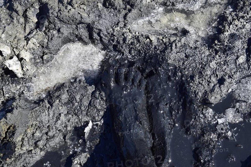 Human foot in the mud and salt lake brine. Taman, Krasnodar Krai, Russia